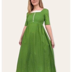 Classical Green Print Dress 70s Vintage XXS 30 Bust